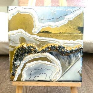 Black and Gold 8x8 epoxy resin set of paintings.